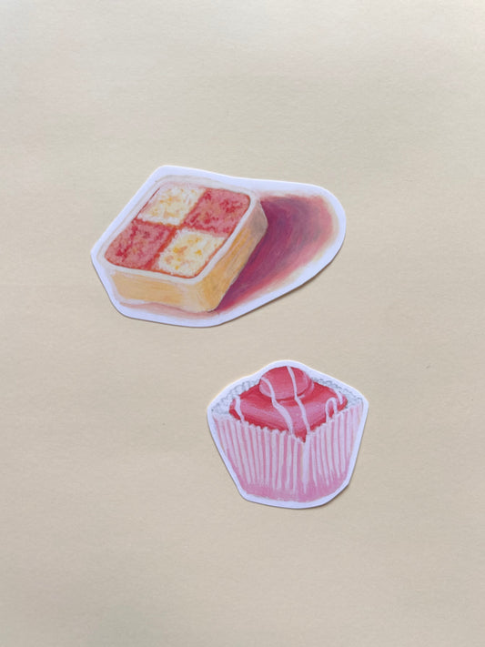 Hand Drawn glossy Mr Kipling cake stickers , French fancy and batternberg (set of 2)