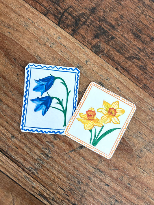 Hand drawn daffodil & bluebell waterproof vinyl stickers ( set of 2 )