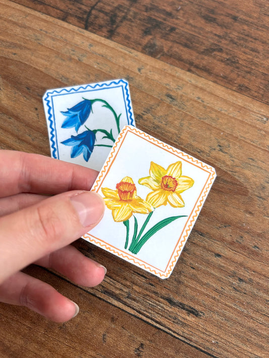 Hand drawn daffodil & bluebell waterproof vinyl stickers ( set of 2 )