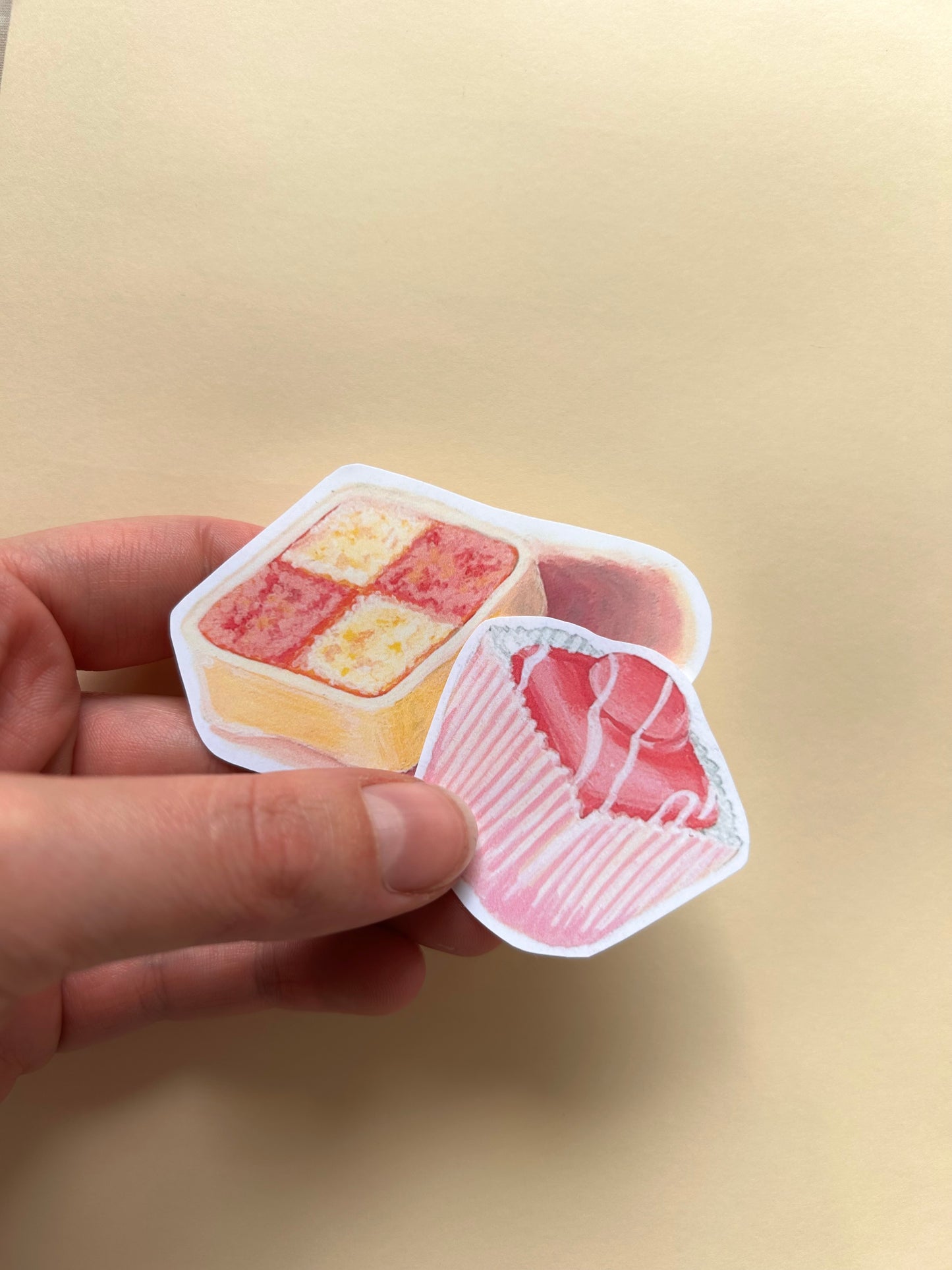 Hand Drawn glossy Mr Kipling cake stickers , French fancy and batternberg (set of 2)