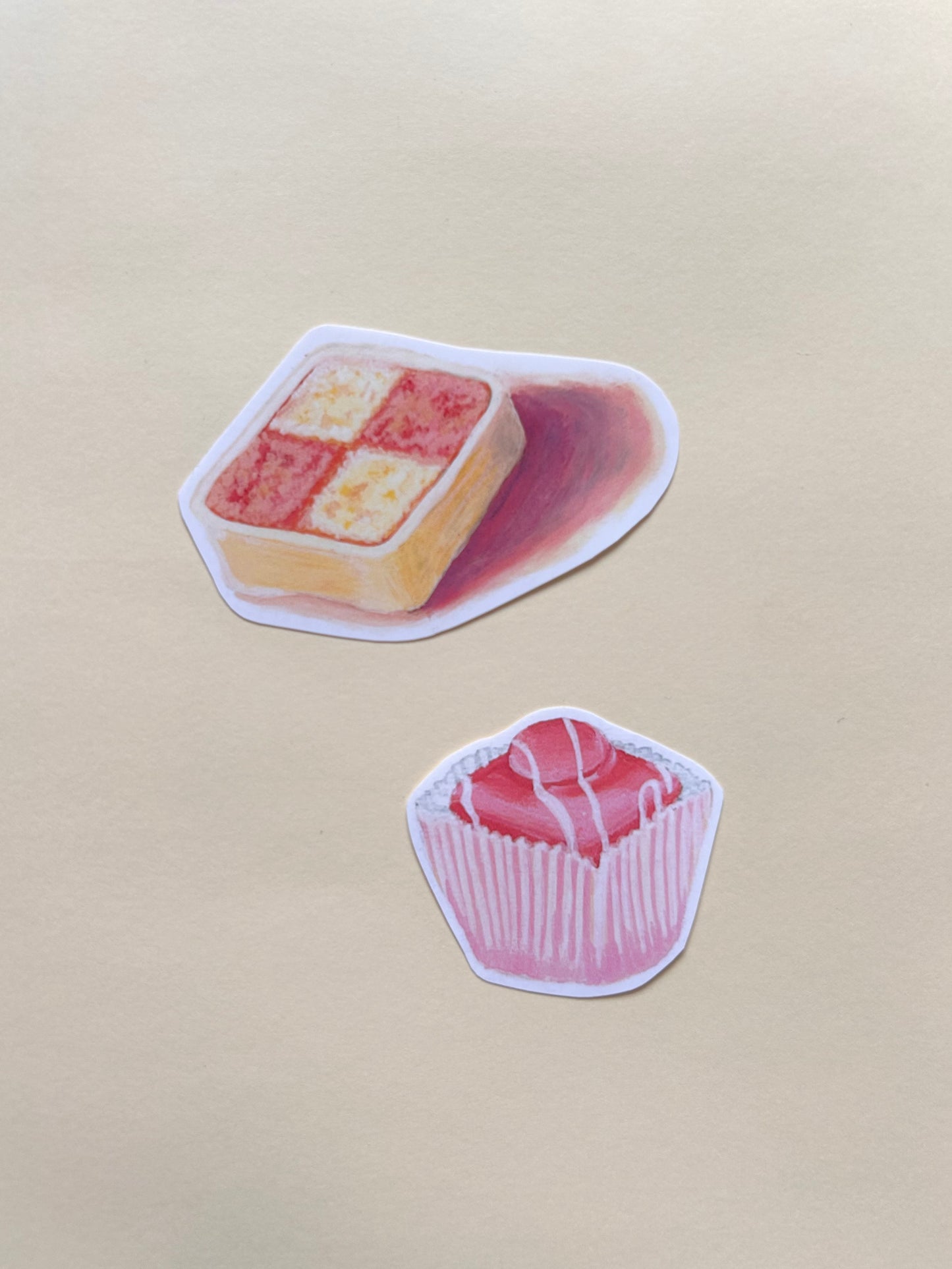 Hand Drawn glossy Mr Kipling cake stickers , French fancy and batternberg (set of 2)