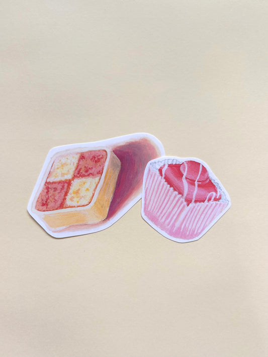Hand Drawn glossy Mr Kipling cake stickers , French fancy and batternberg (set of 2)
